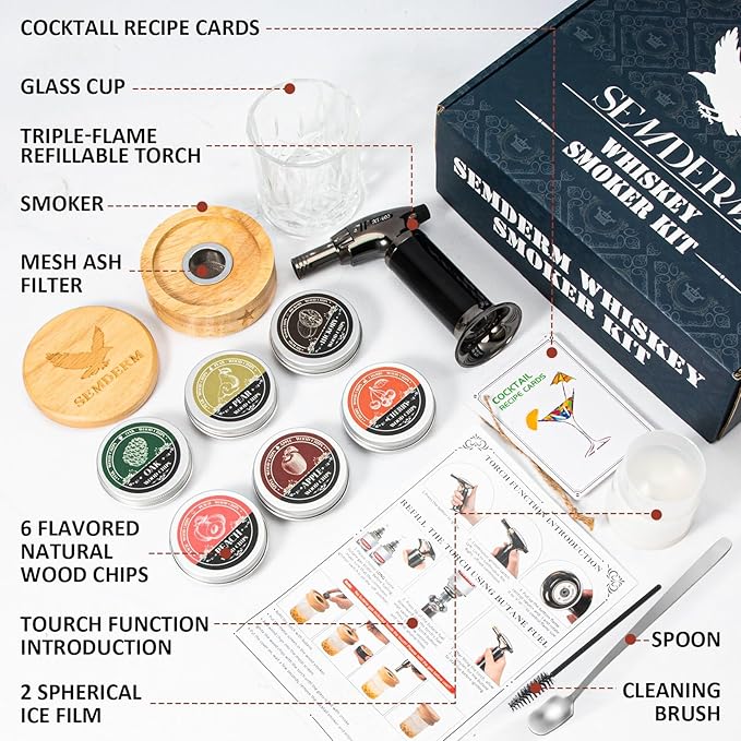 Ultimate Whisky Smoker Kit Old Fashioned Smoker Kit with Torch - 6 Flavor Wood Chips, 2 Glasses, 2 Ice Ball Molds - Cocktail Smoker Kit Gifts for Men, Dad, Bourbon Smoker Kit Lovers (No Butane)