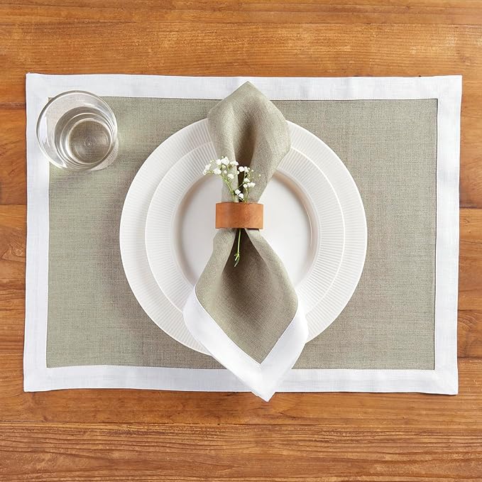 Solino Home Linen Cloth Placemats Set of 4-100% Pure Linen White and Natural Placemats 14 x 19 Inch for Winter, Holiday - Classic, Handcrafted and Machine Washable