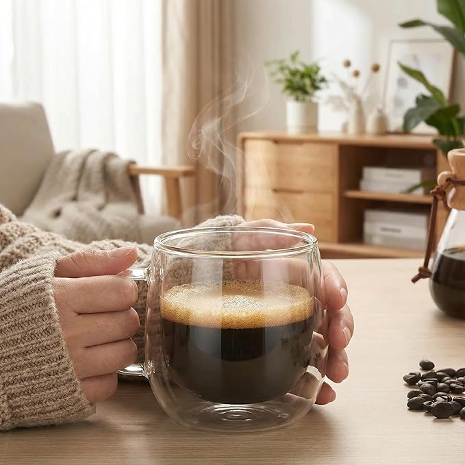 BEoneBEwin 10oz Double Walled Glass Coffee Mugs Set of 2, Clear Insulated Mug for Cappuccino, Latte, Borosilicate Glass Cup, Heat & Cold Resistant Glasses
