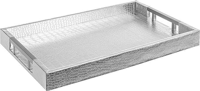 Modern Elegant 17.5"x12" Rectangle Glossy Silver Crocodile Faux Leather Tray Decorative Ottoman Coffee Table Display Perfume Dresser Kitchen Serving Tray with Silver Metal Handles by Home Redefined