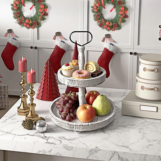 2-Tiered Round Wooden Tray Stand, Rustic Farmhouse Tiered Serving Tray for Home Decor Kitchen & Coffee Bar Centerpiece, Vintage White Wood 2-Tier Display Stand for Desserts, Cupcakes and More (White)