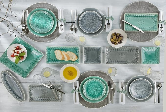 Euro Ceramica Peacock Stoneware 4-Piece 6.5''Square Appetizer Plate Set,Lagoon, (PK-20712LN)
