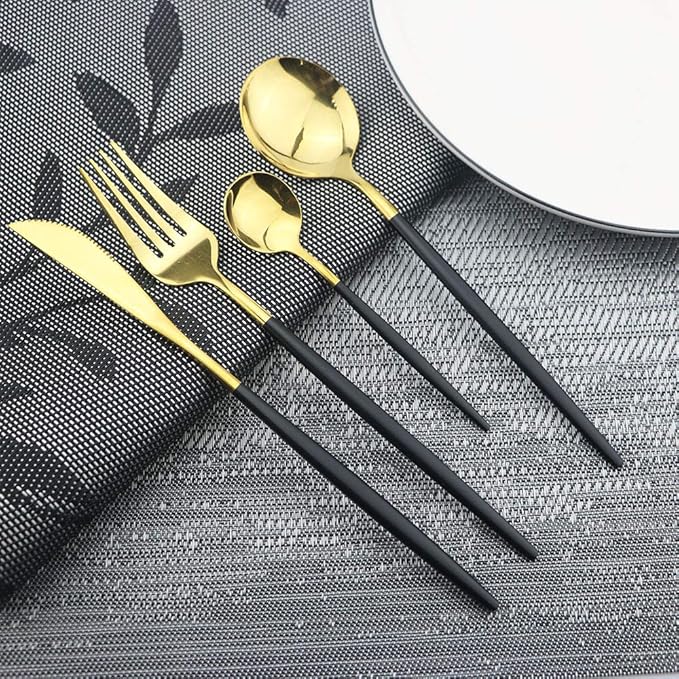 JASHII 24 Piece Titanium Black And Golden Plated Stainless Steel Flatware Set, Black Handle With Golden Mouth Silverware Set Black And Golden Cutlery Set Service for 6 (Handle Black,Shiny Golden)