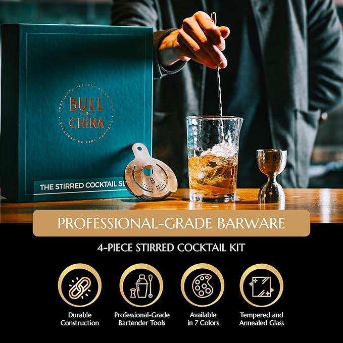4 Piece Cocktail Kit by Bull In China - 100% Brass Premium Bartender Gift Set Includes Flagship Mixing Glass, 12 inch Barspoon, Bell Jigger & Hawthorne Strainer For Professional & Home Bars (Brass)