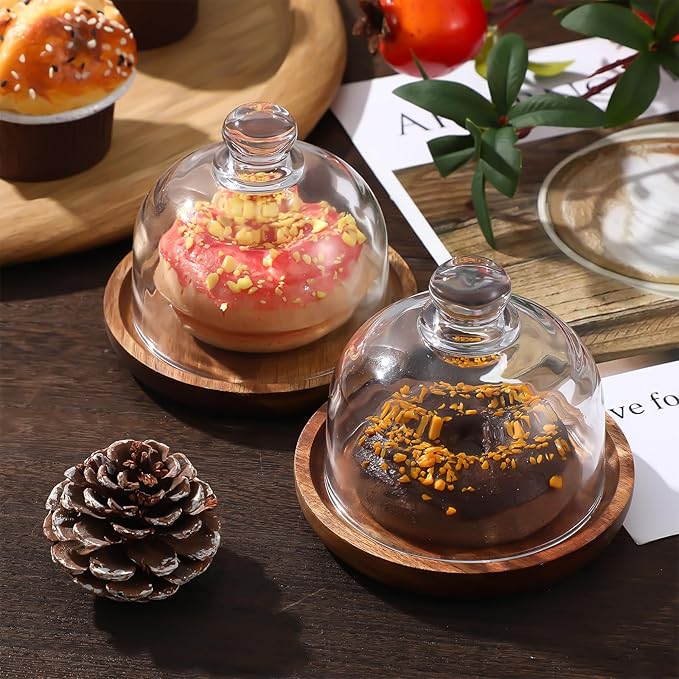 Amosfun Glass Dessert Dome Wooden Base Set - Mini Cake Stand Cake Serving Tray with 3 Inch Glass Dome Cover Birthday Wedding Party Dessert Serving Platter