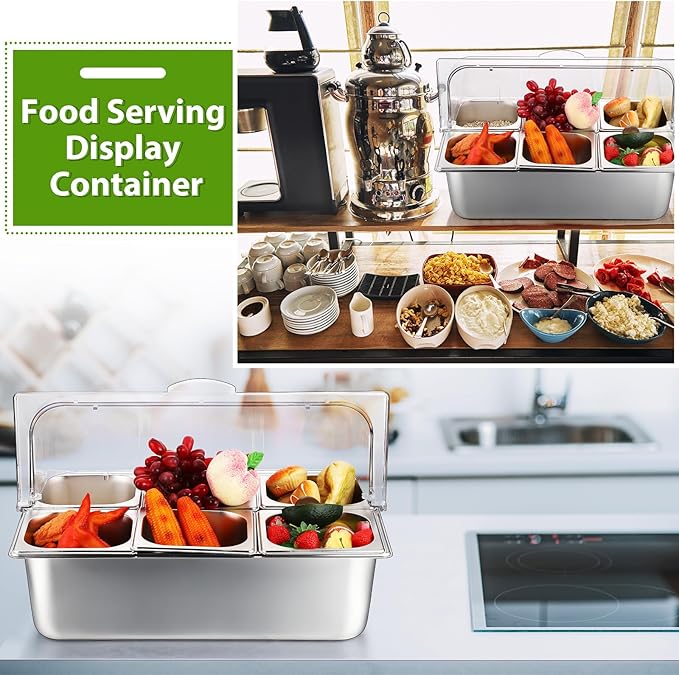 Countertop Food Serving Display Container Clear Roll Top Cover 6 Pan Stainless Steel Ice Food Buffet Server Salad Bar Pizza Topping Station Condiment Dispenser Restaurant Kitchen Party(Silver)