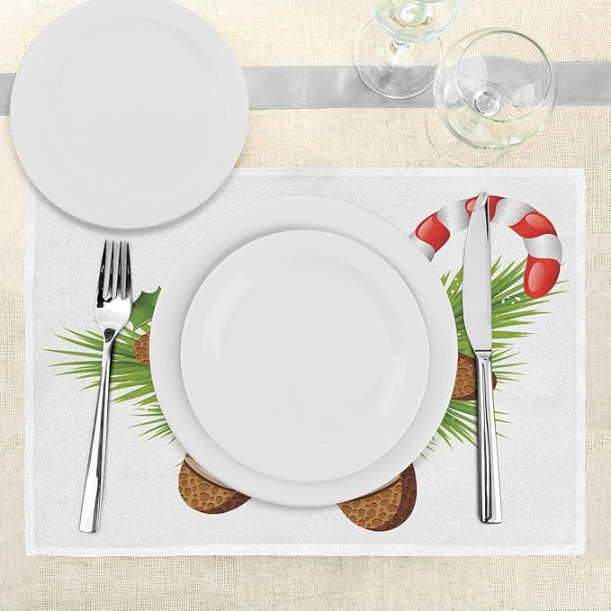 Ambesonne Gingerbread Man Place Mats Set of 4, Tasty Pastry on Coniferous Branches Candy Cane and Holly Berry, Washable Fabric Placemats for Dining Table, Standard Size, Brown and Green