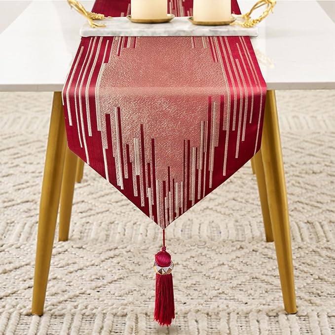 Elegant Christmas Red Table Runner 120 Inches Long Abstract Geometry Embroidery Pattern with Handmade Tassels Thick Fabric for Home Living Room Bedroom Dinner Room Art Decor Christmas