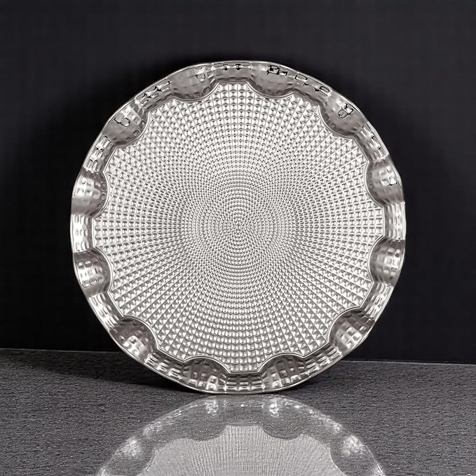 Alisveristime Round Metal Serving Tray for Two – Ottoman Motif, (9.8" Diameter, 10.2 oz) (Silver)