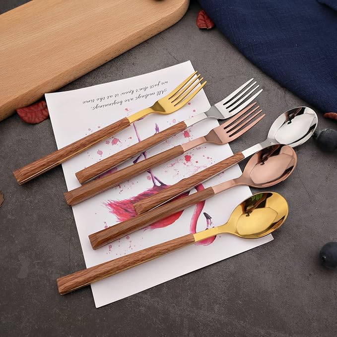 Korean Style Wood Flatware Stainless Steel Fork/Spoon/Knife/Teaspoon with Wooden Square Handle Cutlery Set of 4 Dinnerware for Home, Kitchen, Restaurant, Gift - Rose Gold