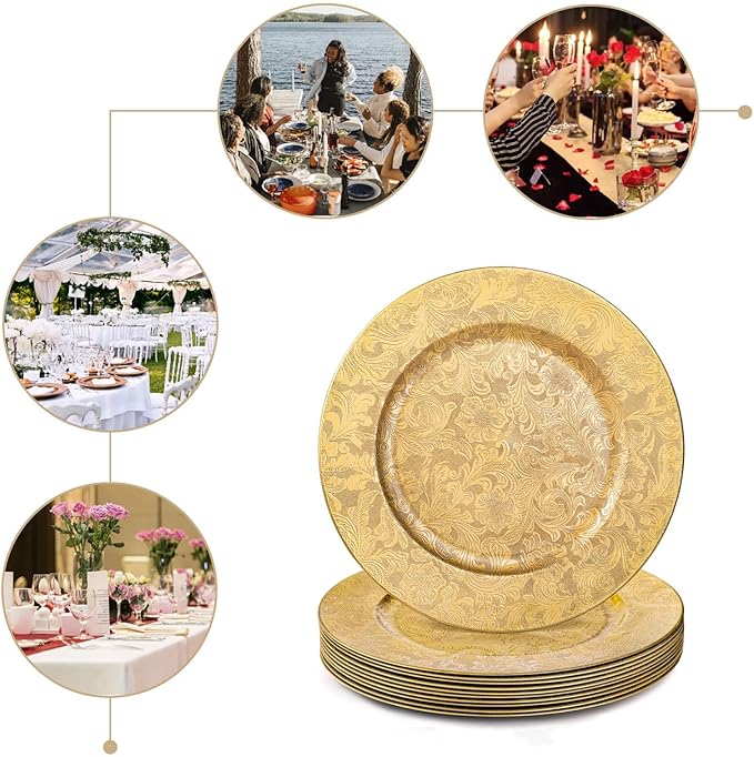 ZOOFOX 12 Pack Gold Charger Plates, 13" Plastic Round Antique Plate Chargers for Dinner Plates, Floral Charger Plates for Wedding Dinner Party Table Setting Decor