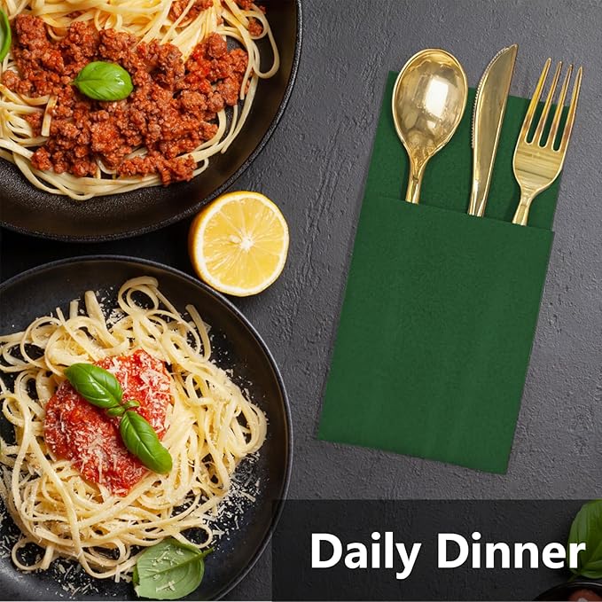 Pine Linen Feel Napkins with Flatware Pocket, 50 Pack Cloth Like Pre-Folded Napkins for Silverware, Guest Hand Towel for Dinner Party Wedding Decoration (16. x 15.5 inch)