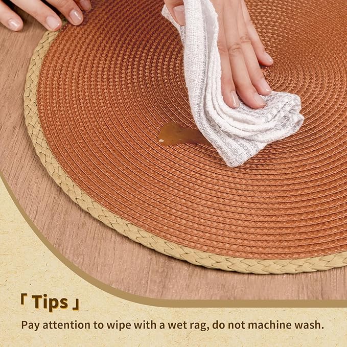 Noctiflorous Round Placemats Set of 8, 15 Inch Braided Hand Woven Table Mats, Heat Resistant Non-Slip Wipeable Thin Edge Place Mats for Kitchen Dining Indoor Outdoor Use(Dark Orange, 8)