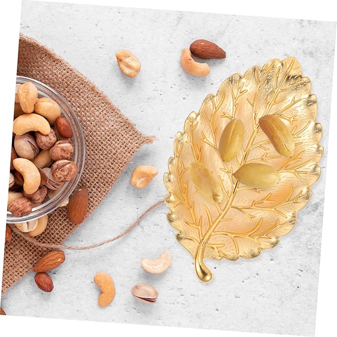 LIFKOME Leaf Shape Serving Tray for Snacks Fruits and Desserts Nordic Style Decorative Dish for Home Kitchen Bar and Party Use Medium Alloy Snack Plate Elegant Gold Finish
