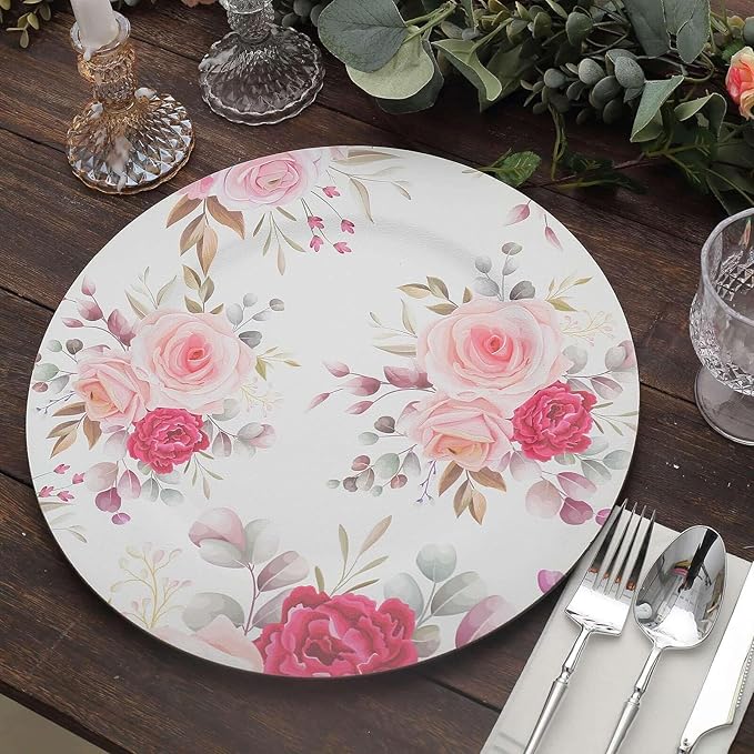 Efavormart 6 Pack | 13" Rose Flower Design Plastic Serving Plates, Disposable Spring Floral Print Charger Trays