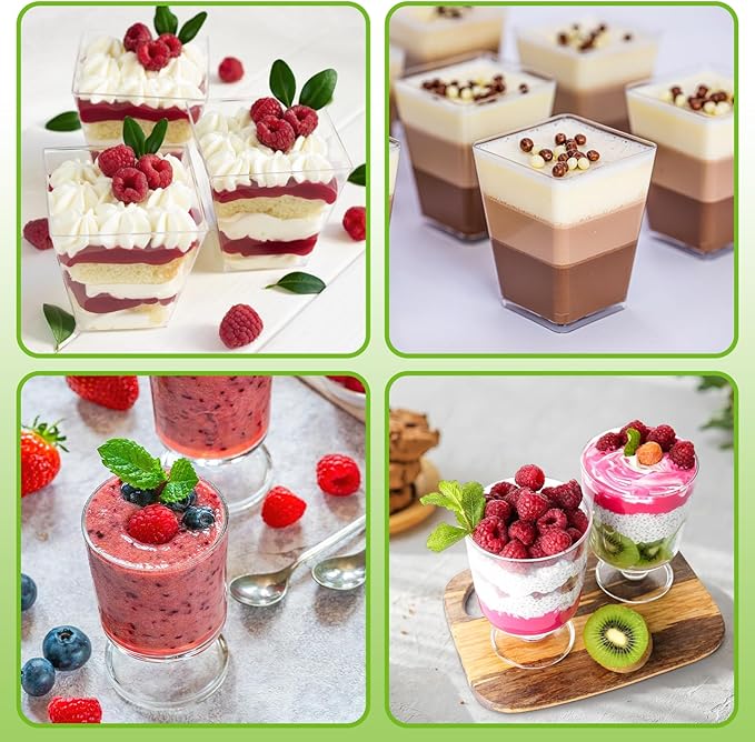 200 Pack 5 oz Plastic Dessert Cups with Spoons, Disposable Goblet Parfait Pudding Jello Shooter Cups for Party Serving, Clear Ice Cream Bowls for Fruit Trifle Yogurt Mousse Appetizer Snack Nuts