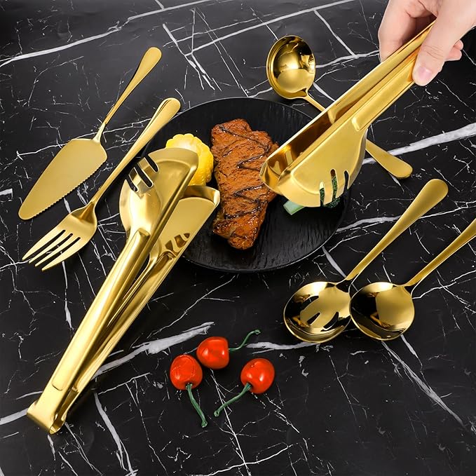 20 Pcs Gold Serving Utensils, Stainless Steel Serving Utensil Set Included Spoons Forks Tongs Slotted Spoon Ladle Cake Server for Kitchen Catering Banquet Wedding Buffet Party