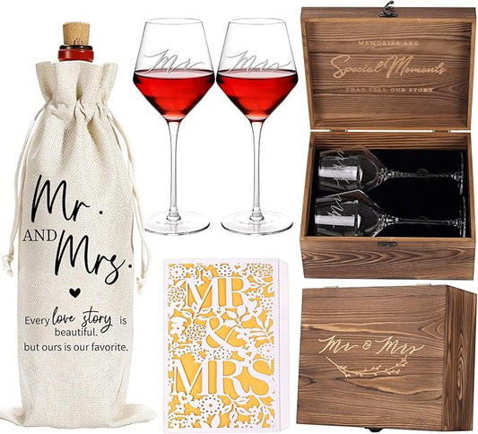 2025 Mr & Mrs Wine Glasses Gift Set with Memory Box,Wine Bag, Greeting Card – Engagement, Wedding & Newlywed Gifts for Couples, Just Engaged Gifts for Women, Christmas Couple Present
