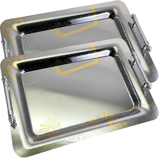 (Pack of 2) 19.7 inch x 13.8 inch Oblong Chrome Plated Serving Tray with Handles Iron Gold Floral Engraved Decorative Party Wedding Dessert Buffet Wine Decor Platter Plate Base TTL-032