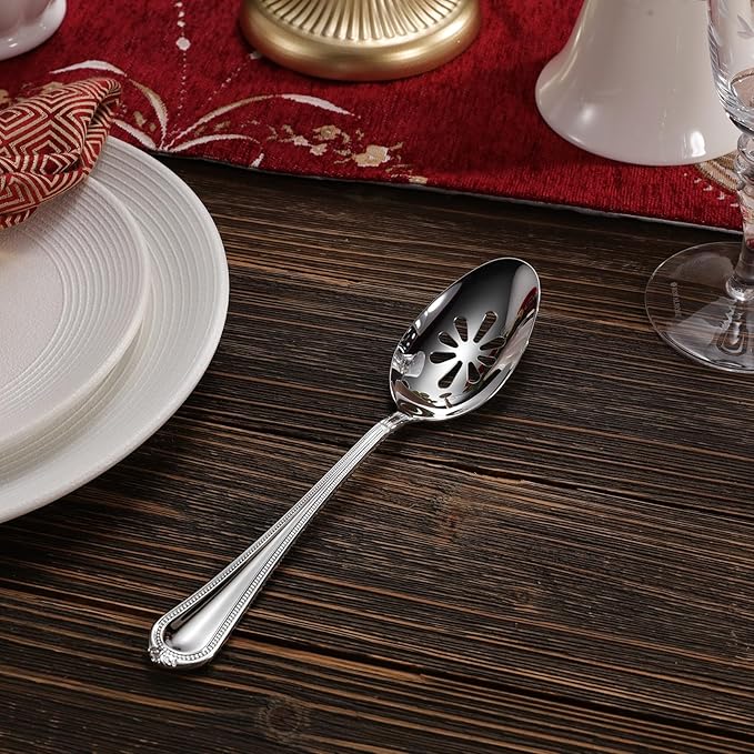 KEAWELL Pearl Edge Premium Serving Spoon Set, 18/10 Stainless Steel, 9" Fine Hostess Utensils with Refined Bead Design, Brightly Polished, Dishwasher Safe (Hostess Serving Set)