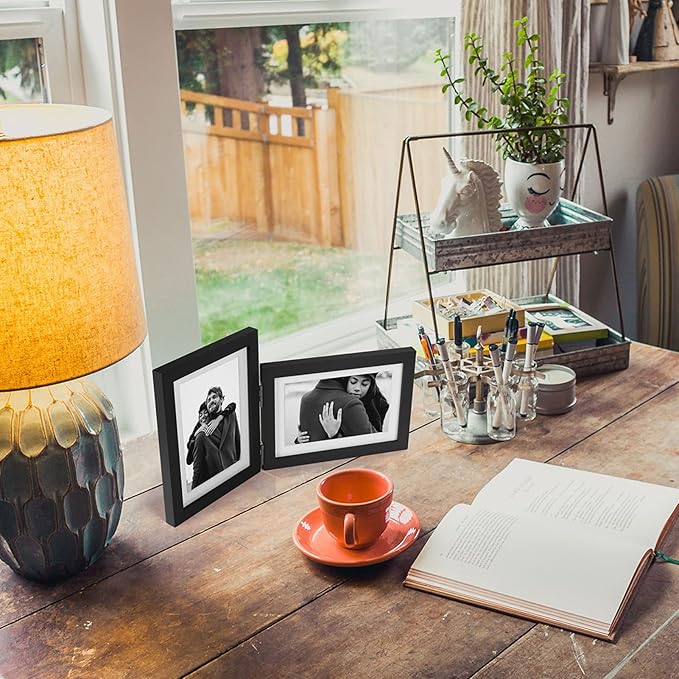 5X7 Double Wooden Hinged Picture Frame Vertical and Horizontal in Black, Display 4x6 with Mat or 5x7 without Mat, Folding Photo Frame with Real Glass Front for Tabletop P-HEI-SH57