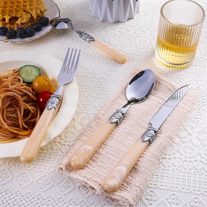 Serving Sets, 24-Piece Flatware Cutlery Set, Durable Stainless Steel Serving Utensils Set Including Dinner Forks, Knives, Spoons With Retro Handle For Steak, Salad, Soup, Tea (Set of 4)