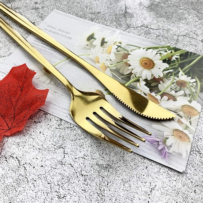 JASHII 32 Pieces Stainless Steel Home Kitchen Cutlery Set Gold Flatware Set Mirror Polished Knife Fork Set Spoon Modern Tableware Set (Gold Full)