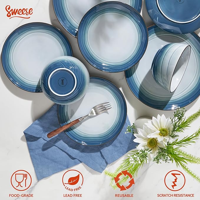 Sweese Porcelain Dinnerware Sets for 6, 18 Pieces Ceramic Plates and Bowls Sets, Handcrafted Minimalist Dinner Set, Chip and Scratch Resistant Dish Set, Dishwasher & Microwave Safe, Ocean Blue