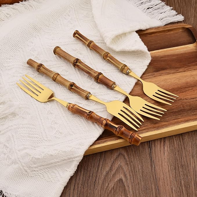 Stainless Steel Flatware Set, Bamboo Handle Silverware Set, Reusable Eating Utensils for Home Kitchen and Restaurant, Modern Gold Cutlery Set, 8 Pieces Dinner Forks
