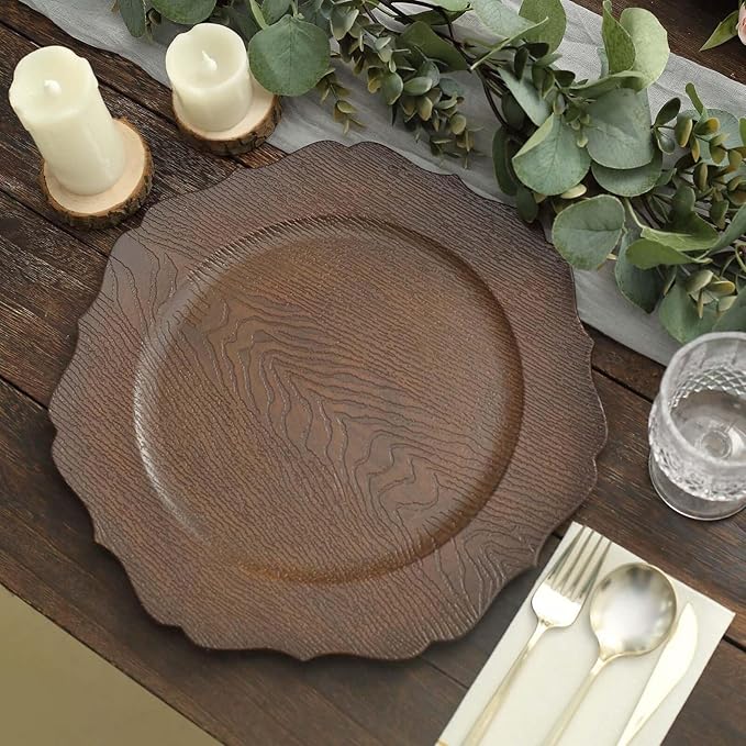 Efavormart 6 Pack | 13" Rustic Brown Wooden Textured Acrylic Charger Plates With Scalloped Rim