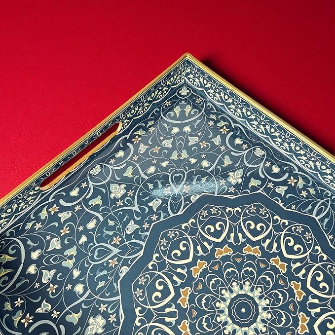 Decorative Tray, Blue Serving Tray with Handles, Set of 2, Plastic Coffee Table Tray for Living Room, Ottoman, Bathroom, Kitchen, Decor, Large 15.7”*11.8”, Small 13.7"*9.8"
