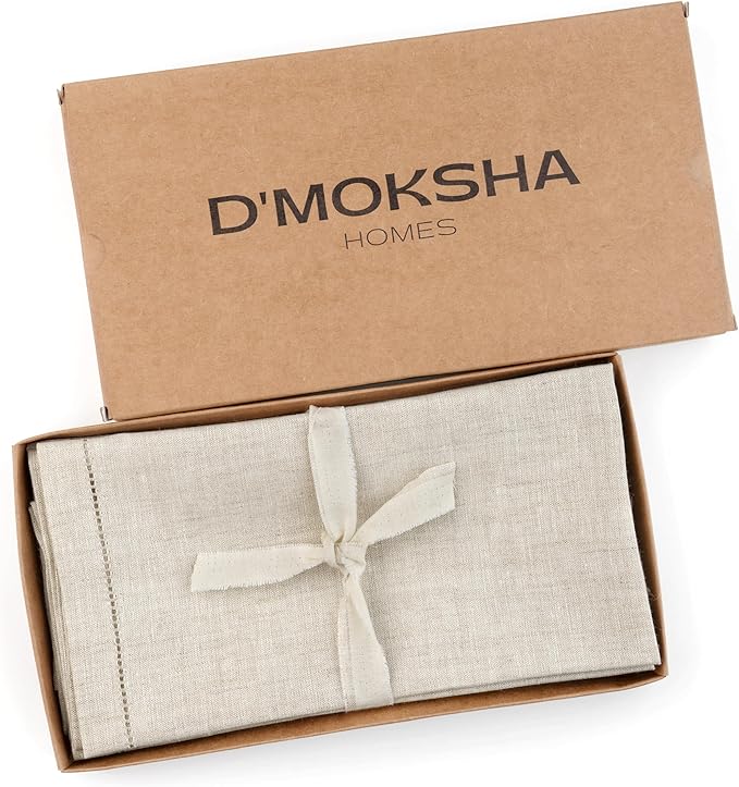 D'Moksha Homes Light Natural Linen Napkins Set of 8 - Classic Hemstitch 100% Pure Linen Hemstitch Dinner Napkins 20 x 20 Inch for Christmas, Holiday, New Year - Handcrafted and Machine Washable