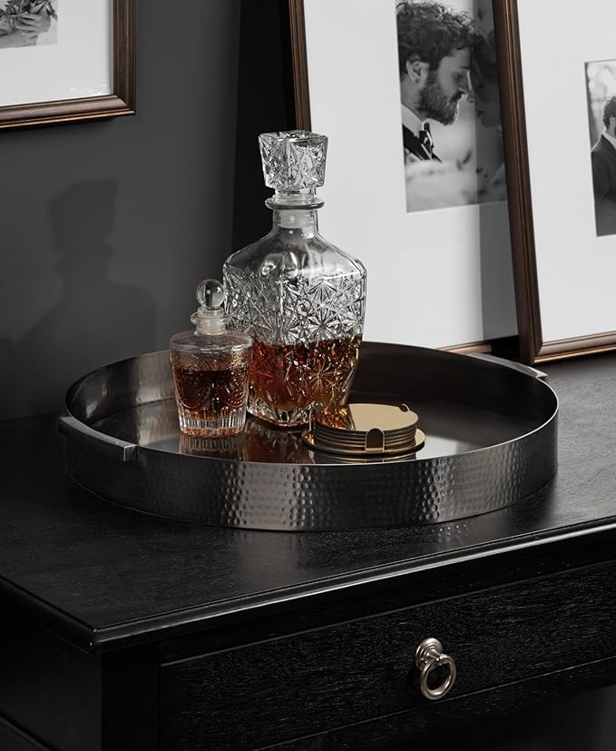 Kate and Laurel Samana Modern Glam Round Metal Tray, 17 Inch Diameter, Gray Gunmetal, Polished Decorative Circle with Hammered Surface for Use as Ottoman or Serving