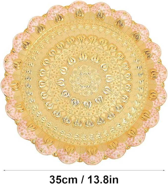 Gold Silver Tray,Gold Turkish Round Coffee Tea Serving Tray Vintage Embossed Pattern Round Coffee Plate for Bar Outdoor Dresser Dessert (Gold)