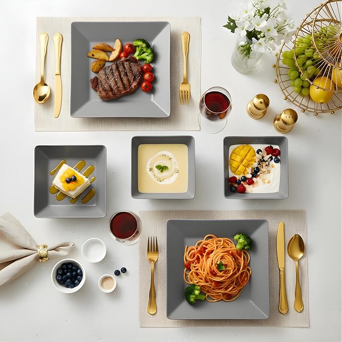 TP 12-Piece Dinnerware Set, Melamine Dishes Set with Bowls and Plates, Non-breakable and Lightweight Square Dinner Set for 4, Grey