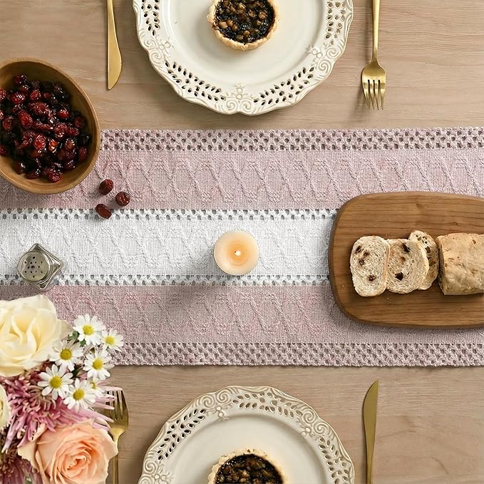 Artoid Mode Pink Farmhouse Rustic Table Runner, Seasonal Hollow Kitchen Dining Table Decoration for Home Party Decor 12x36 Inch