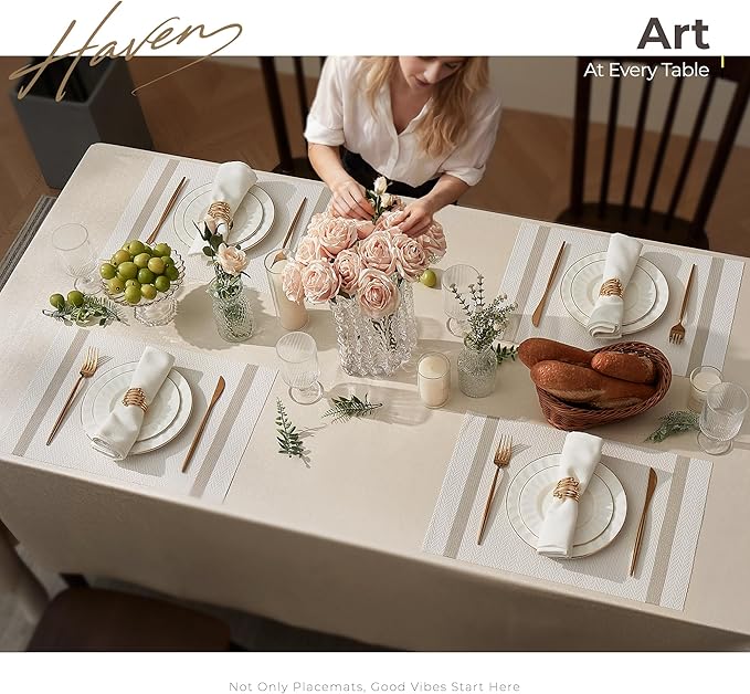 Leetaltree Luxury White Placemats with Gold Stripes Placemats Set of 12 - Waterproof Washable for Wedding, Anniversary, Daily Use - Sparkling Table Decor - Hand-Cut