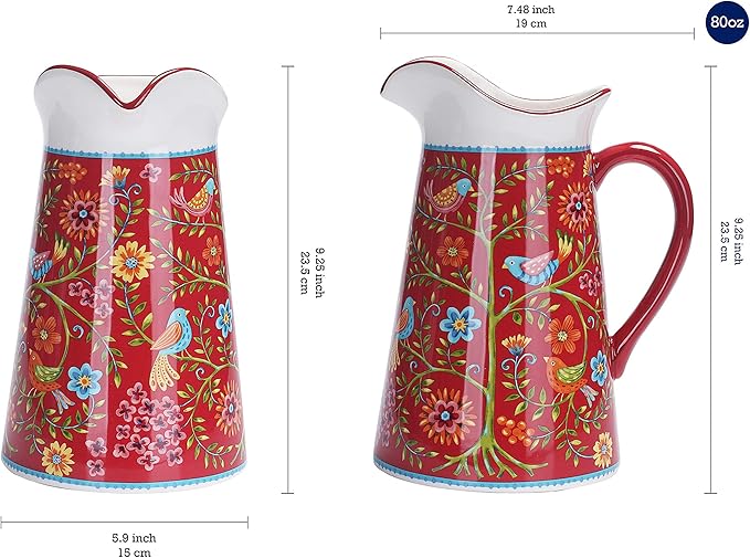 Bico Red Spring Bird Ceramic 2.5 Quarts Pitcher with Handle, Decorative Vase for Flower Arrangements, Dishwasher Safe