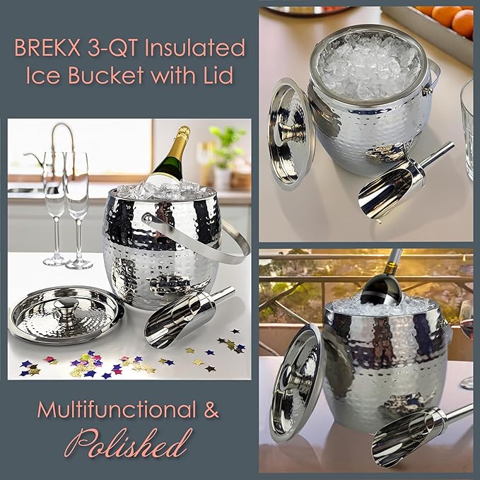 BREKX Stainless Steel Beverage Tub and Ice Bucket with Lid and Scoop Party Combo Pack, Silver Double-Walled Insulated Barware Set