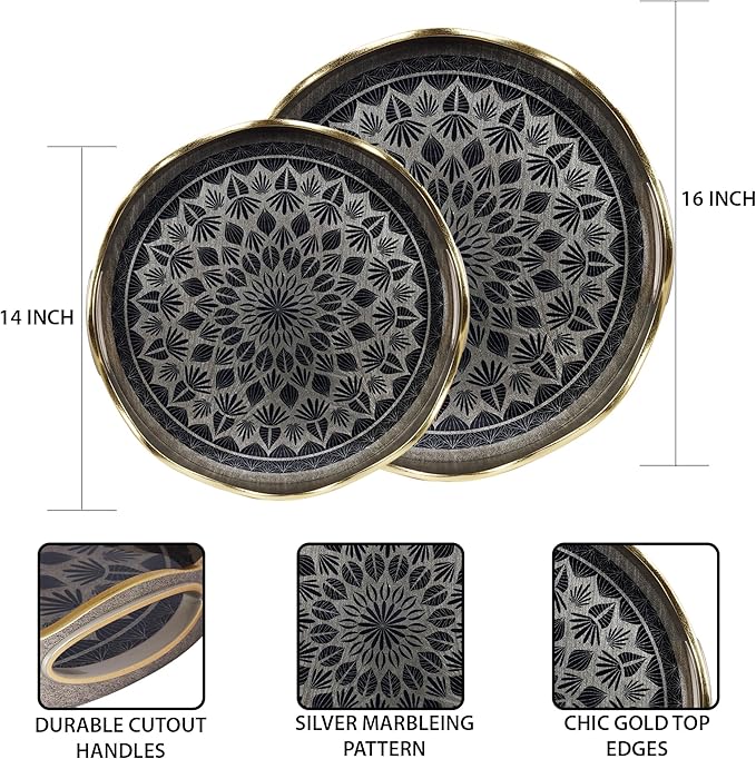 SINT Serving Tray with Antique Look & Stylish Design, Decorative Trays with Handles for Kitchen, Round Ottoman Tray for Dinning | Living Room & Home Décor | Pack of 2