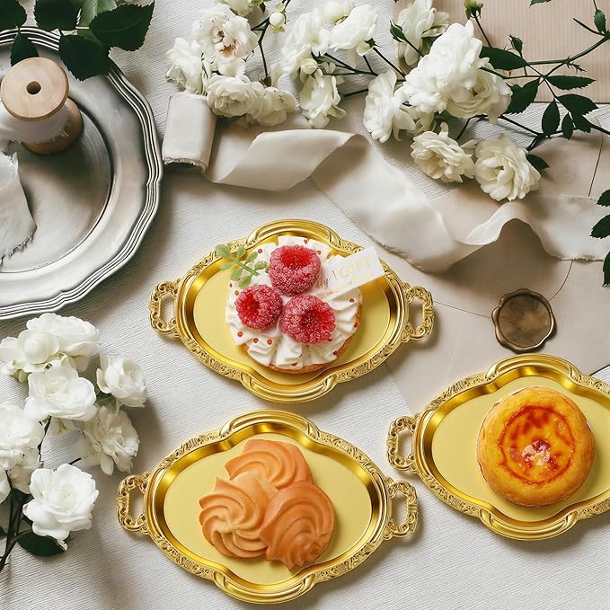 50 Pcs Oval Mini Baroque Dessert Display Tray Mini Elegant Plastic Serving Tray Small Cake Candy Plates for Weddings Party Bridal Baby Shower, Birthday, Candy Jars Decorations (Gold)