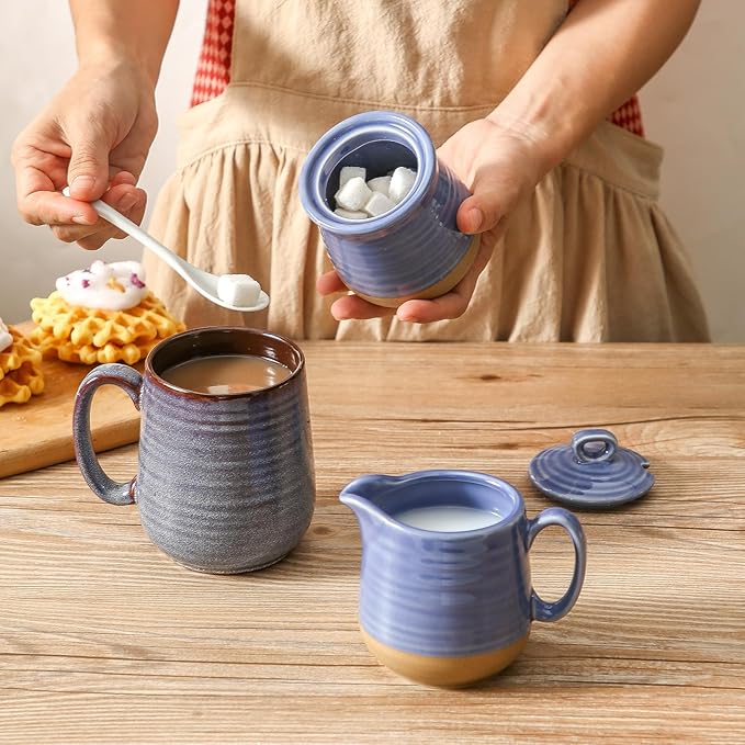 Hasense Sugar and Creamer Set with Lid Spoon, Porcelain Cream Container and Sugar Bowls Set for Countertop, Vintage Coffee Serving Set, Sugar Holder and Creamer Pitcher Set for Home Decor, Sky Blue