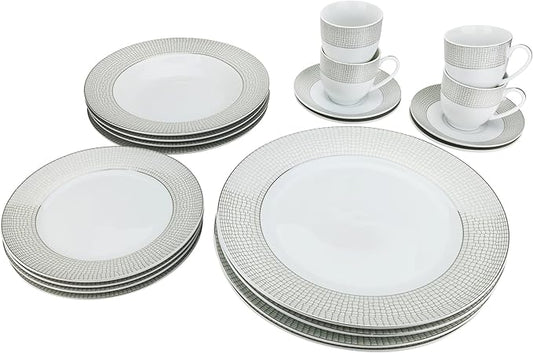 G1330-20, Silver-Plated Dinnerware Set, Dinner Service for Four, 20-Piece Set: 4 Dinner Plates, 4 Soup Plates, 4 Dessert Plates, 4 Tea Cups with 4 Saucers