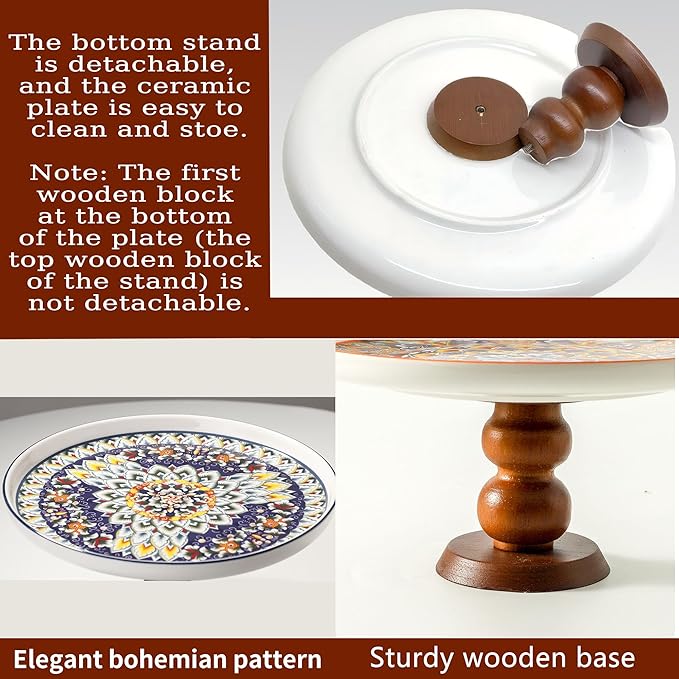 Ceramic Cake Holder Stand with Elegant Wood Curved Footed, 8” Versatile Dessert Stand, 2-in-1 Dessert Table Display Set & Charcuterie Board for Cheese/Chips/Fruit Platter/Birthday/Kitchen/Party,Blue
