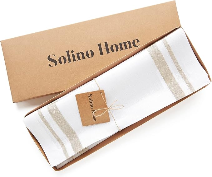 Solino Home Striped Linen Placemats Set of 4-100% Pure Linen Natural and White Place Mats 14 x 19 Inch for Christmas, Winter, New Year - French Stripe