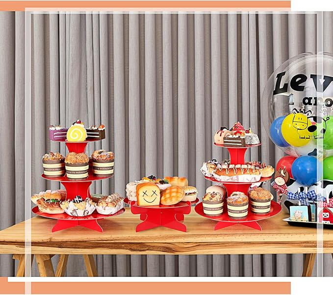 Zopeal 7 Pcs Dessert Table Display Set 3-Tier Cupcake Stand 1-Tier Cup Cake Display Tower Platters and Serving Trays Cardboard Cake Cookie Holders for Wedding Birthday Party Baby Shower(Red)