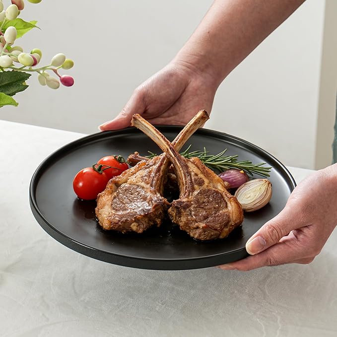 Ceramic Dinner Plates, 10.25 Inch Flat Dish Set for 4, Perfect for Family and Entertaining, Microwave & Dishwasher Safe, Dinner Dishes for Steak, Sandwiches, Pizza, Pasta, Modern Black