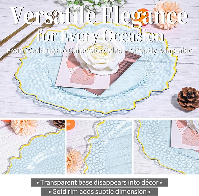 10 Pcs Clear Charger Plates 13 Inch Hammered Blue Plastic Charger Plates with Gold Rim, Transparent Blue Chargers for Dinner Plate, Stone Texture Plate Round Chargers for Wedding Party, Event