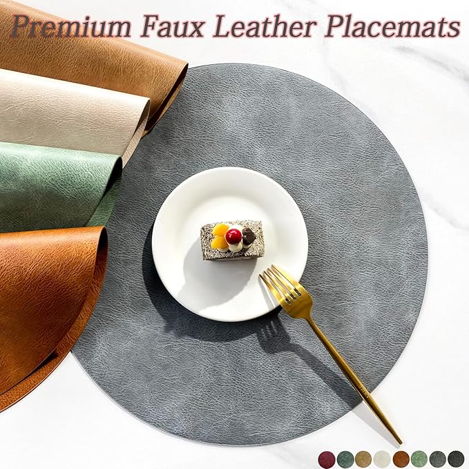UnivoColors PU Leather Placemats Set of 6,15 Inches Round Washed Cowhide Pattern Table Mats for Dining Table, Kitchen, Party Decoration(Retro Blue)