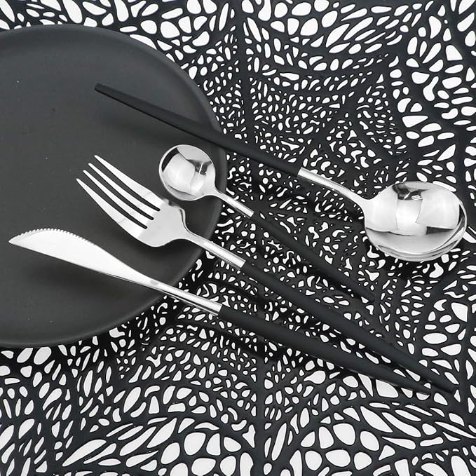 Mirror Silverware Set,24-Piece 304 Stainless Steel Shiny Flatware Set,Kitchen Utensil Set,Tableware Cutlery Set for Home and Restaurant, Dishwasher Safe Service For 6 (Black Handle Silver)